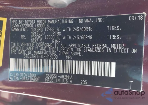 2019 Toyota Highlander Xle из США, поврежденный, VIN 5TDJZRFH0KS918309